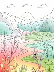 A serene minimalist watercolor painting on a pristine white background, showcasing a field landscape with simple yet vibrant pastel colors. 