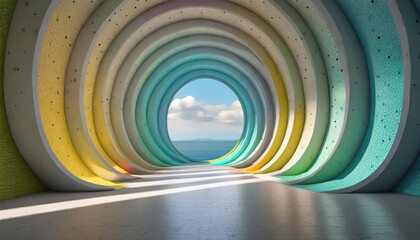 Modern architecture concept: photo of details of a modern and futuristic functional building. image of colored circles room.