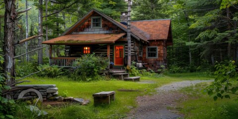 A rustic cabin with a porch and a porch swing. The porch is surrounded by a lush green lawn