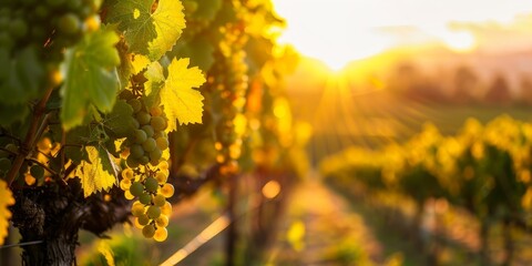 A vineyard with a bunch of grapes and leaves. The sun is shining on the grapes and leaves, creating a warm and inviting atmosphere