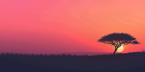 A tree stands in a field with a beautiful sunset in the background. The sky is a mix of pink and purple hues, creating a serene and peaceful atmosphere