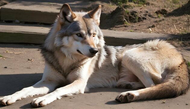 A-Wolf-With-A-Relaxed-Posture-Lounging-In-The-Sun-