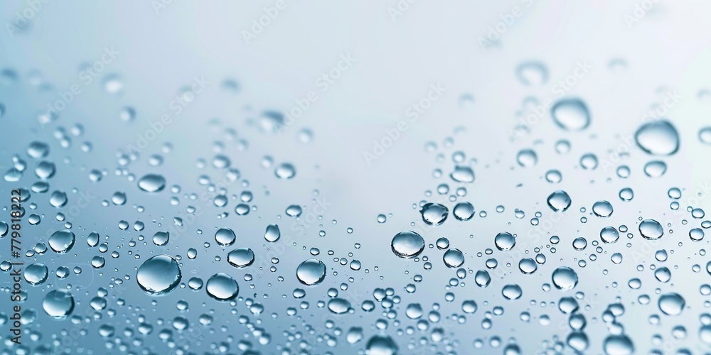 Poster a large number of small water droplets scattered across a blue background. the droplets are of vario