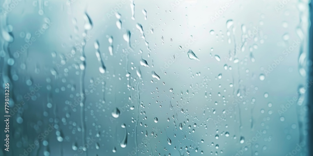 Poster a window with raindrops on it. the raindrops are scattered all over the window, creating a blurry an