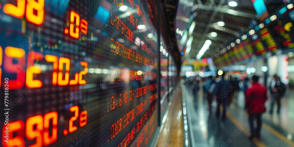 Poster a busy train station with a large screen displaying the stock market. people are walking around and 