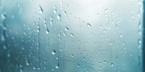 A window with raindrops on it. The raindrops are scattered all over the window, creating a blurry and hazy effect. Scene is calm and peaceful, as the raindrops seem to be falling gently