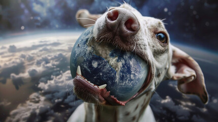 Pet holding a small planeth earth between its teeth