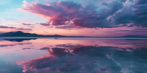 Fototapeta na wymiar A beautiful sunset over a calm lake with a pink and purple sky. The sky is filled with clouds, and the water is reflecting the colors of the sky. The scene is serene and peaceful