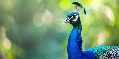 Obraz premium A blue and green peacock stands in a lush green forest. The bird's feathers are vibrant and its head is held high. Concept of freedom and beauty, as the peacock roams through the natural environment