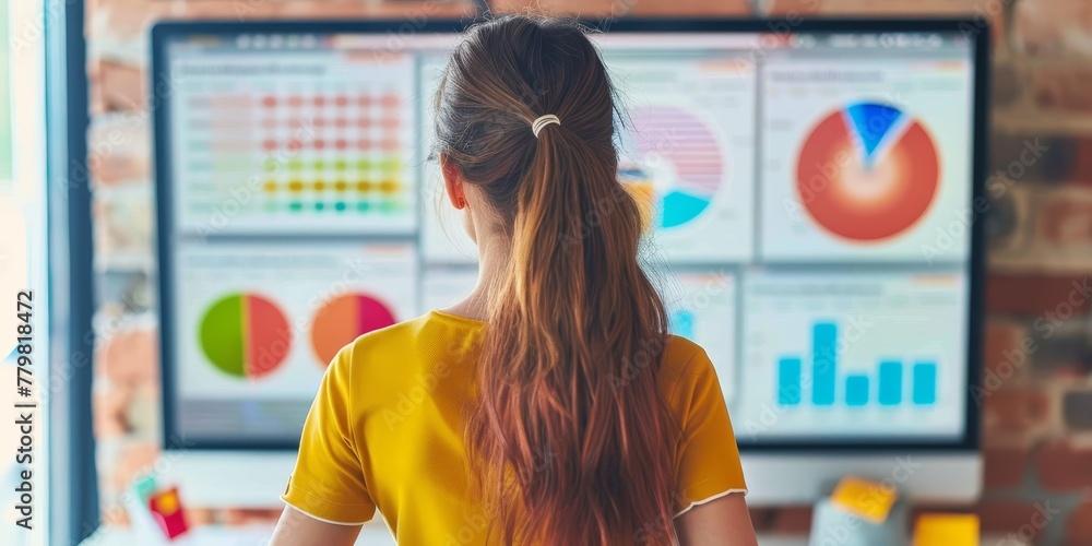 Poster a woman is looking at a computer monitor with several graphs and charts on it. she is wearing a yell