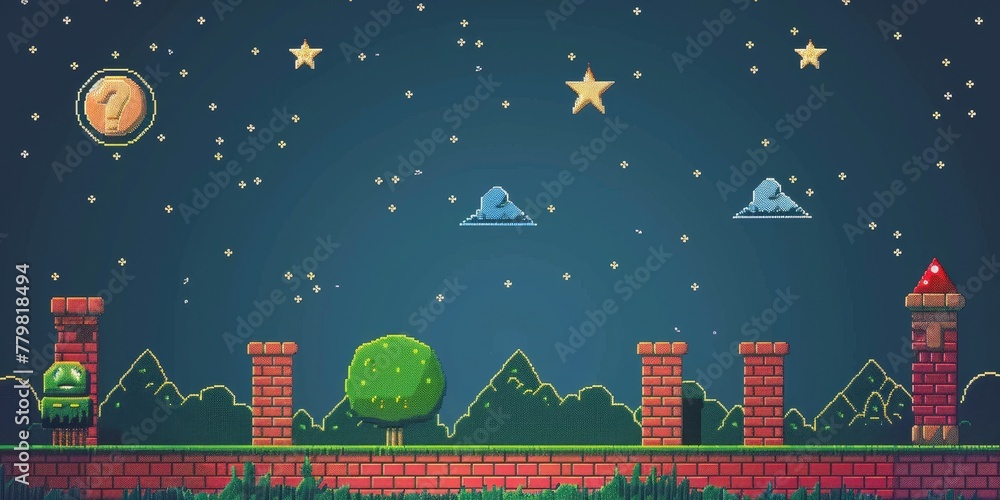 Poster a video game scene with a starry sky and a tree. the sky is filled with stars and the tree is in the