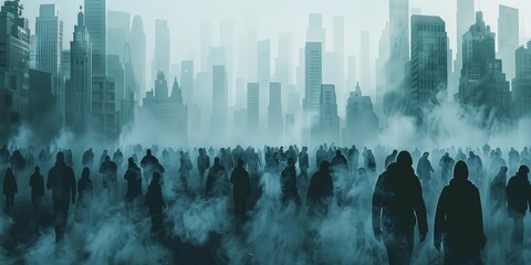 A group of people are walking through a foggy city. The people are walking in a line and appear to be zombies