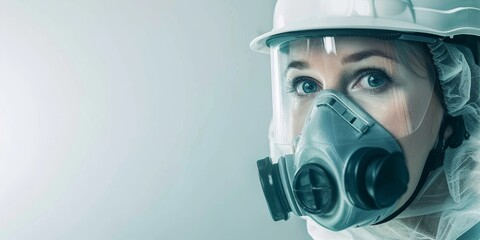 A woman wearing a gas mask and a white helmet. She is looking at the camera. Concept of caution and protection