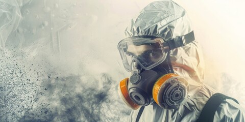 A man in a hazmat suit is wearing a gas mask and standing in front of a cloud of dust