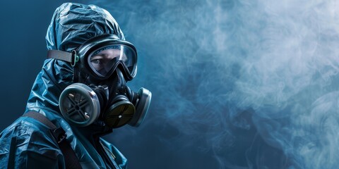 A man in a hazmat suit is standing in front of a blue background with a cloud of smoke - obrazy, fototapety, plakaty