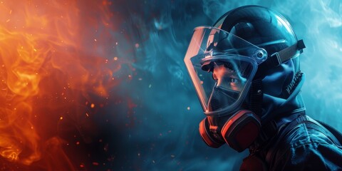 A firefighter in a mask stands in front of a fire. Concept of danger and urgency, as the firefighter is in a hazardous environment. The blue and red colors of the fire