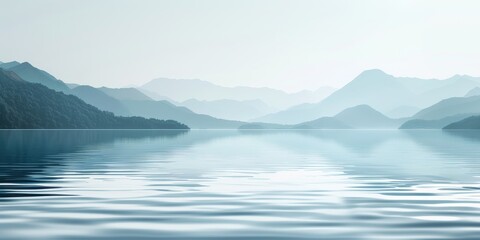 A serene and peaceful scene of a lake surrounded by mountains. The water is calm and still, reflecting the sky and the mountains in its surface. Concept of tranquility and harmony with nature