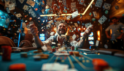A man is playing poker and has a lot of chips on the table - obrazy, fototapety, plakaty