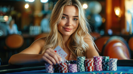 A woman is playing poker with a deck of cards - 779818804