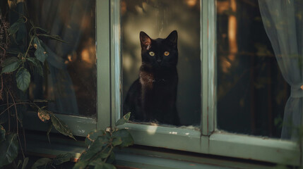 Slender black beautiful elegant cat sits on the window