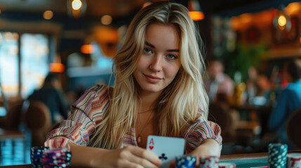 A woman is sitting at a table with a deck of cards and a cell phone - 779818859