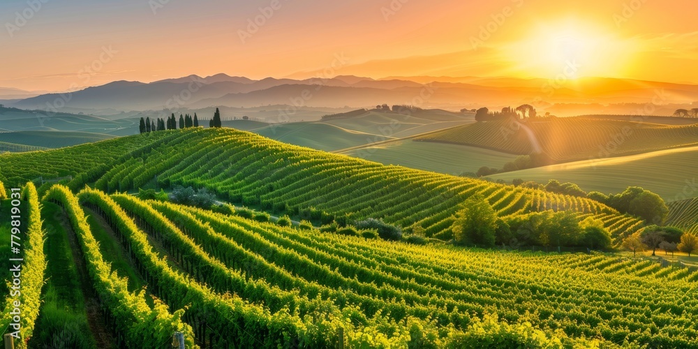 Poster a beautiful vineyard with rows of green vines and a sun setting in the background. the sun is settin