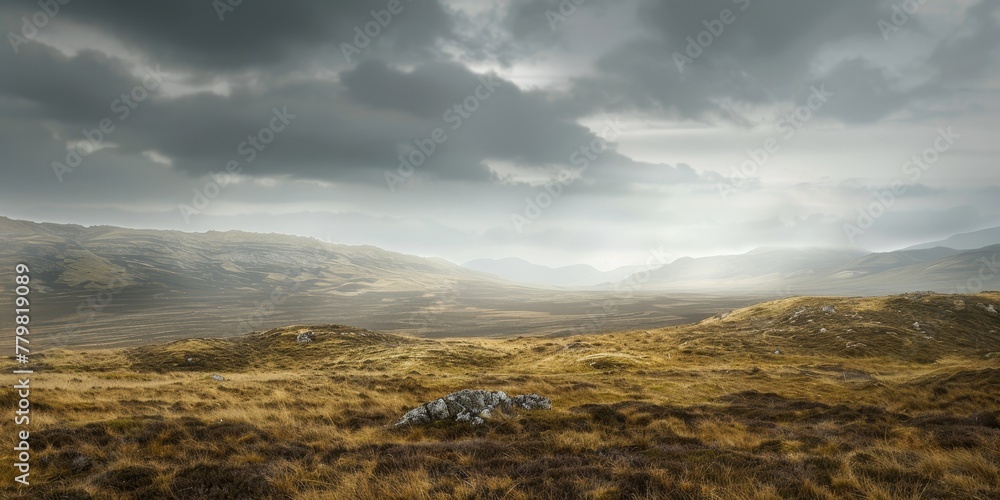 Poster a desolate, barren landscape with a large rock in the middle. the sky is cloudy and the sun is barel