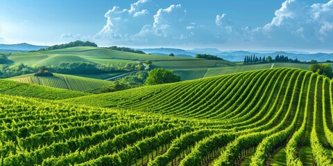 A lush green vineyard with rows of vines and a clear blue sky - obrazy, fototapety, plakaty