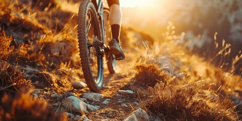 A person is riding a bike on a rocky trail with the sun shining on them. Concept of adventure and excitement as the person navigates the challenging terrain - obrazy, fototapety, plakaty