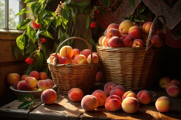 Plump Peaches bunch fruit harvest. Food agriculture. Generate Ai