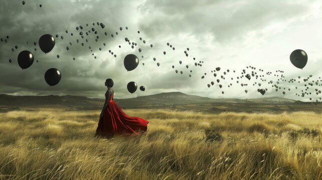 Beautiful girl in the field with flying black balloons.AI generated image