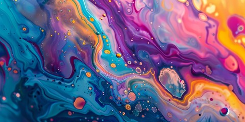 Glittering particles dance amidst bursts of radiant hues, adding an extra layer of charm to this mesmerizing marble ink abstract scene. - obrazy, fototapety, plakaty