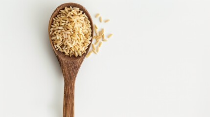 Brown rice in a wooden spoon on a white background.AI generated image - obrazy, fototapety, plakaty