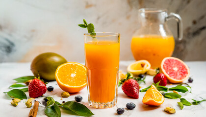Freshly squeezed orange juice standing on a white table among lying fresh fruits. Świeżo wyciskany sok pomarańczowy stojący na białym stole pośród leżących świeżych owoców.