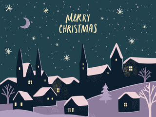 Vintage Christmas card, winter town. Small european houses, church and trees. Falling snow, crescent moon in starry sky. Vector illustration - 779819805