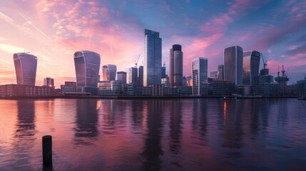 city view at sunset with buildings with large windows .AI generated image