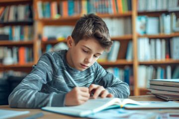 Young boy learning and studying doing homework - obrazy, fototapety, plakaty