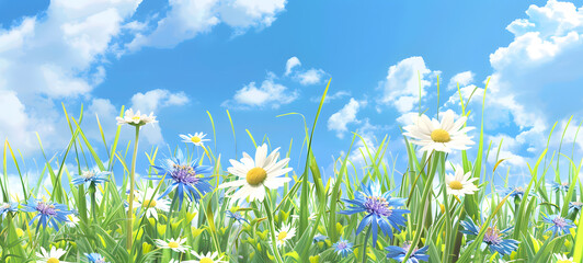 Illustration of Meadow with flowers and blue sky.