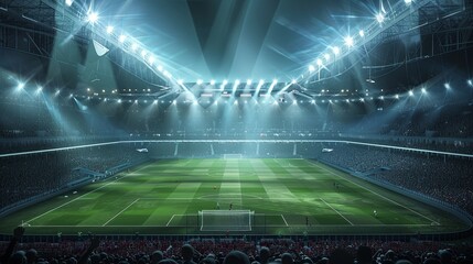 A majestic view of a soccer stadium at night, illuminated by bright floodlights with fans filling...