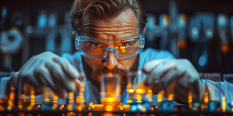 male scientist doctor chemistry research a study test tubes of virus in biochemical laboratory in scientific pharmacological clinic - obrazy, fototapety, plakaty
