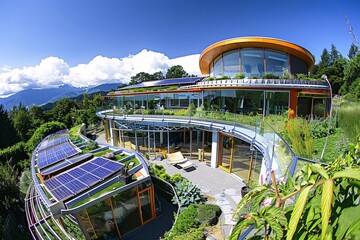 A building with solar panels on the roof captured from above. The panels are positioned to capture sunlight for renewable energy production