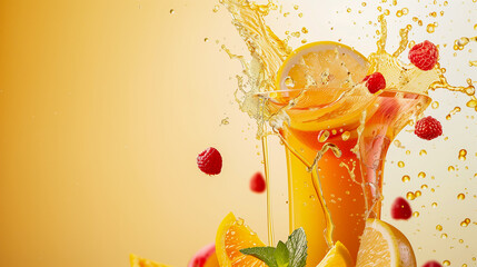 Freshly squeezed fruit juice on a light background with floating pieces of fruit. Świeżo wyciśnięty sok owocowy na jasnym tle z unoszącymi się kawałkami owoców.  - obrazy, fototapety, plakaty