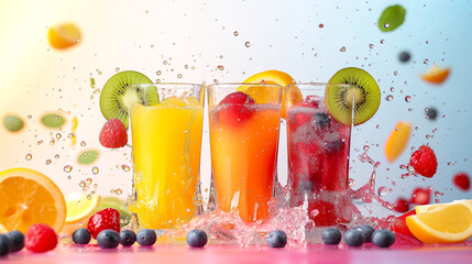 Freshly squeezed fruit juice on a light background with floating pieces of fruit. Świeżo wyciśnięty sok owocowy na jasnym tle z unoszącymi się kawałkami owoców.  - obrazy, fototapety, plakaty