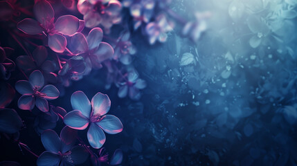 Dark blue background blurred with bokeh and flowers