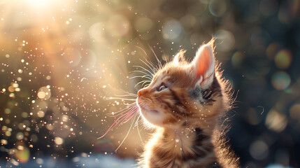 A small cute kitten on a dark background interested in floating pollen. Mały uroczy kotek na ciemnym tle zainteresowany unoszącym się pyłkiem. - obrazy, fototapety, plakaty