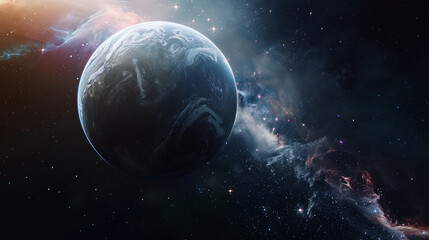 A large planet in outer space against a background of a dark blue starry sky