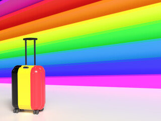 Travel suitcase in the colors of the Belgian flag on a rainbow background.