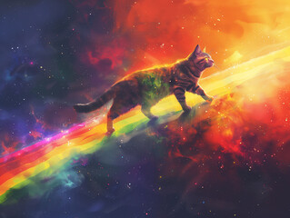 a cat is walking through a rainbow with a rainbow in the background