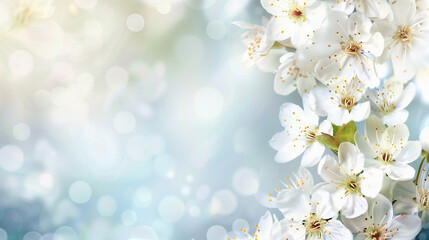 Blue spring background with bokeh and blooming white spring flowers