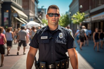 Portrait of a policeman in sunglasses on a city street with passers-by in the background - obrazy, fototapety, plakaty